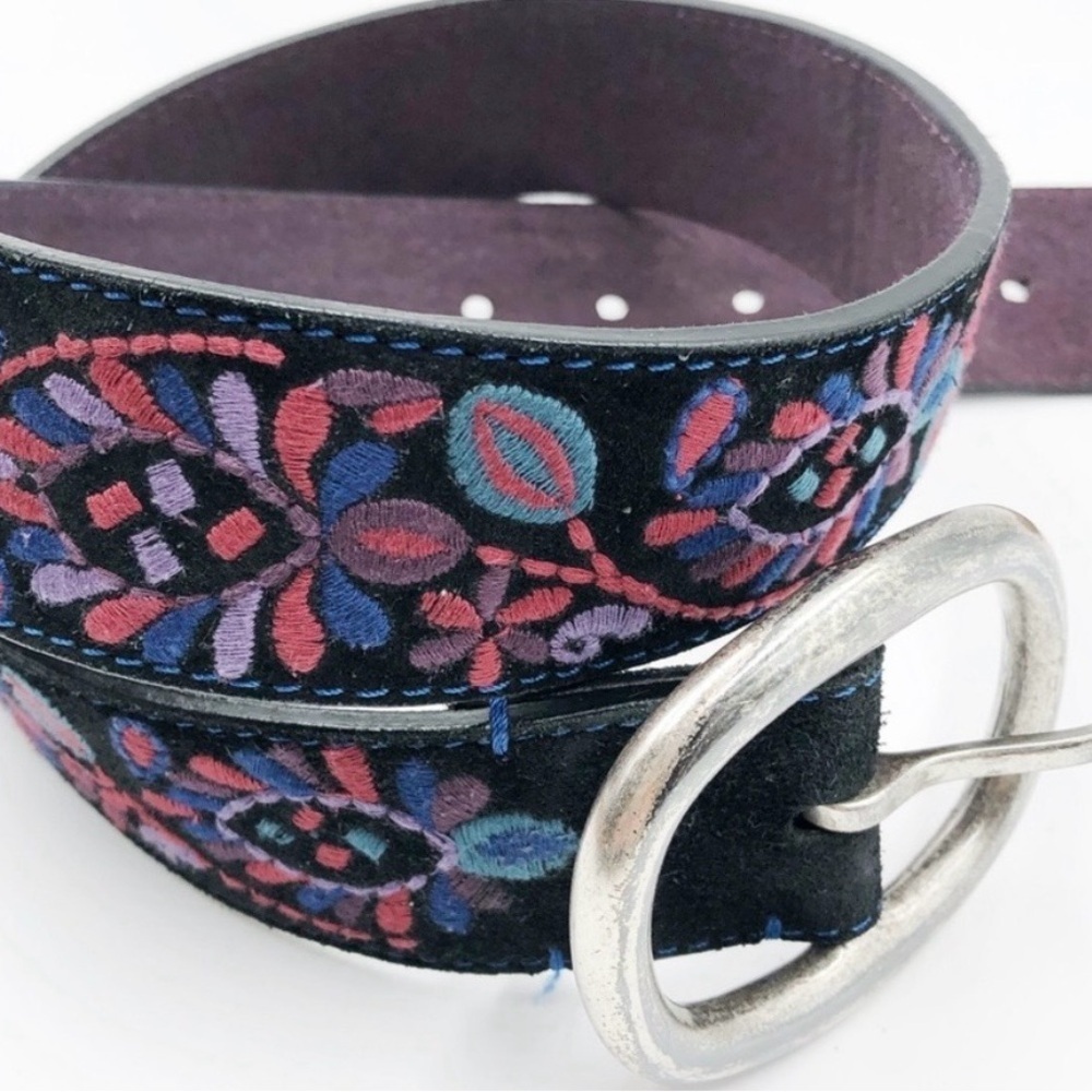 Lucky Brand Black Belt with Multicolor Embroidery and Silver Buckle